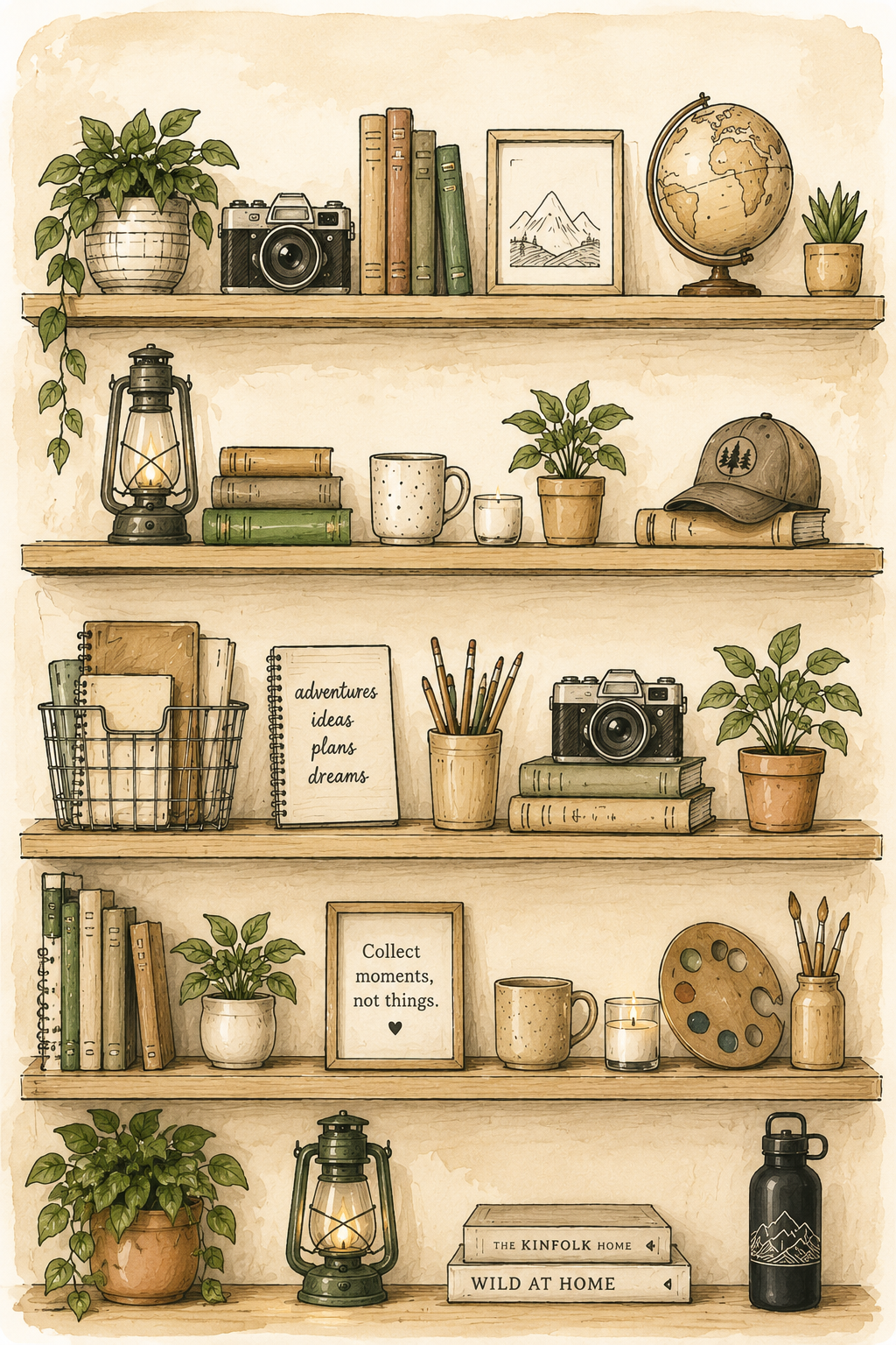 Illustrated shelves with books, cameras, plants, lanterns, and journals capturing adventures, ideas, plans, and dreams